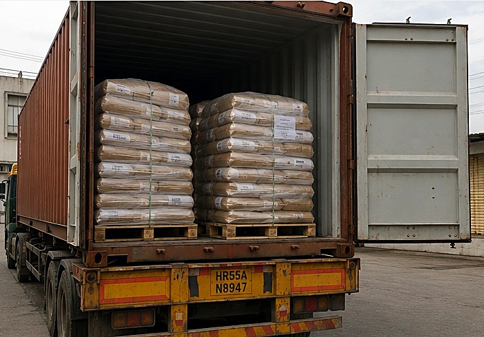Container being loaded with palletised export bags