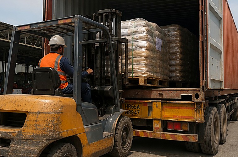Forklift loading a pallet into a shipping container