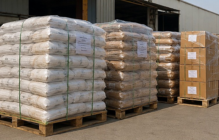 Palletised bags of export-ready powder at a packaging facility