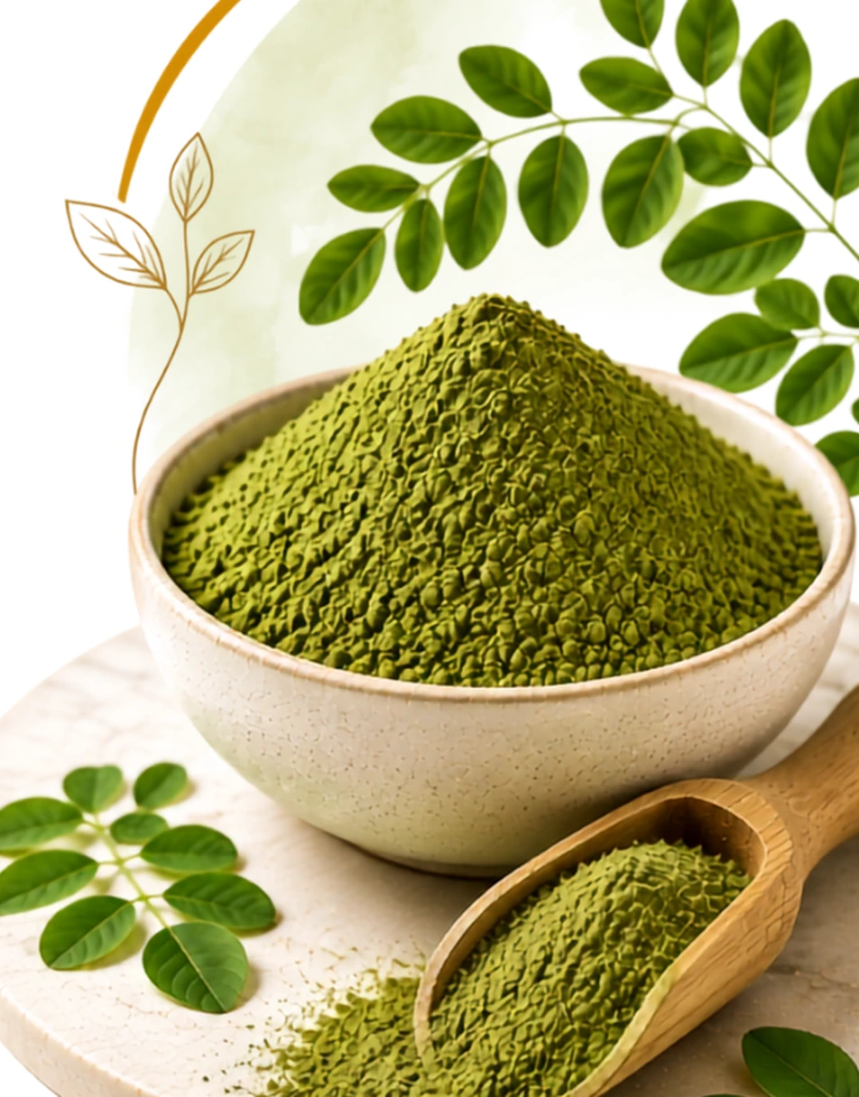 Moringa leaf powder used in food, nutraceutical and wellness formulations